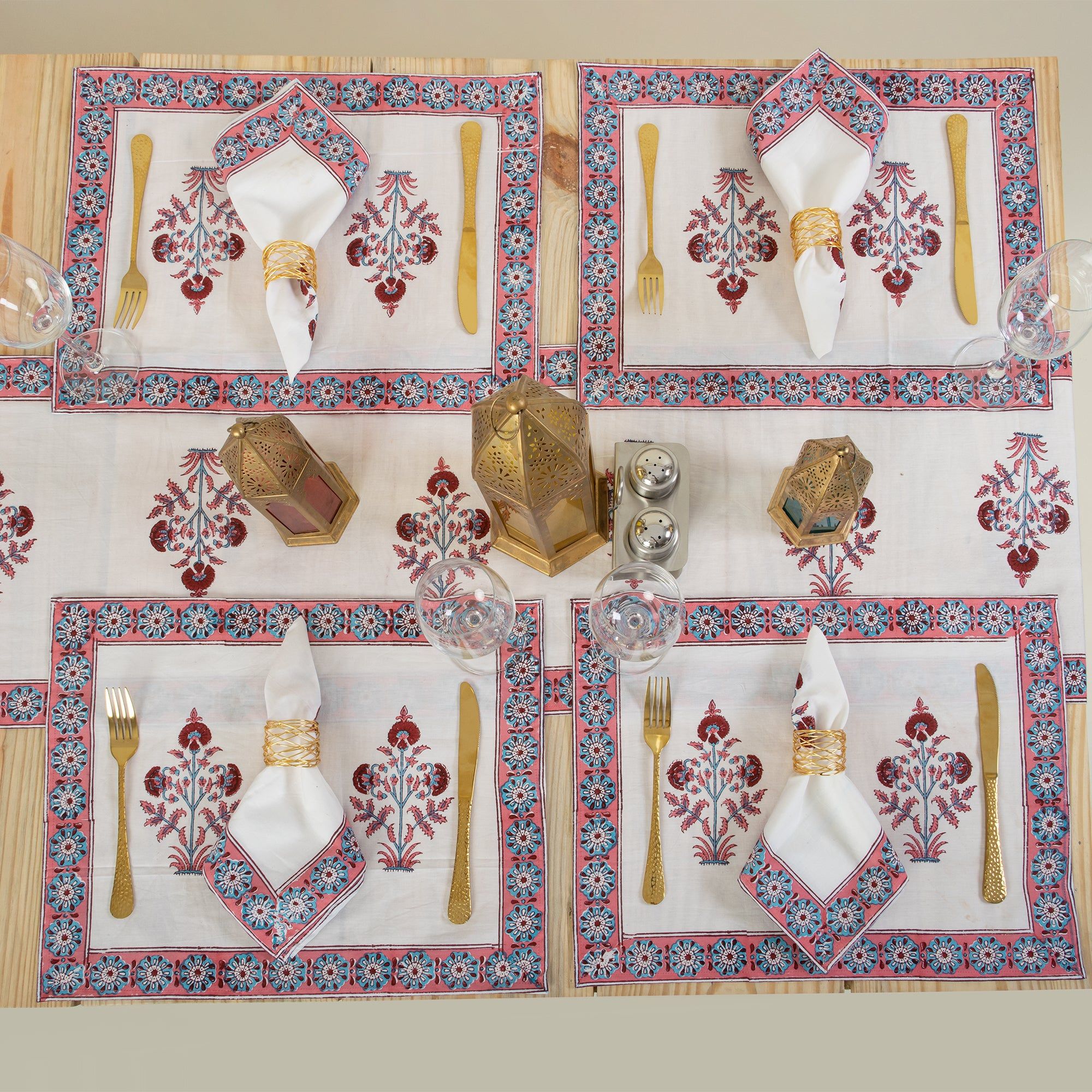 Maroon Boota Floral Block Printed Cotton Table Runner For Center Table